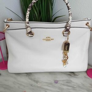 Coach White Handbag with Animal Print Handles